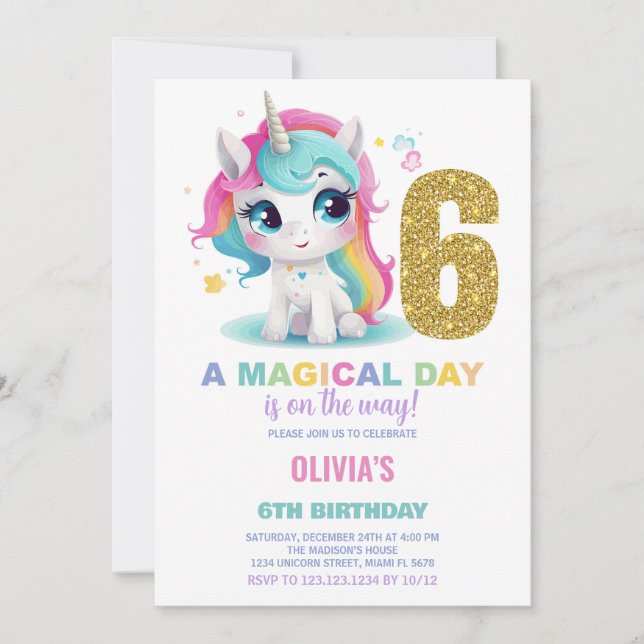 6e anniversaire Unicorn Anniversaire Invitations (Devant)