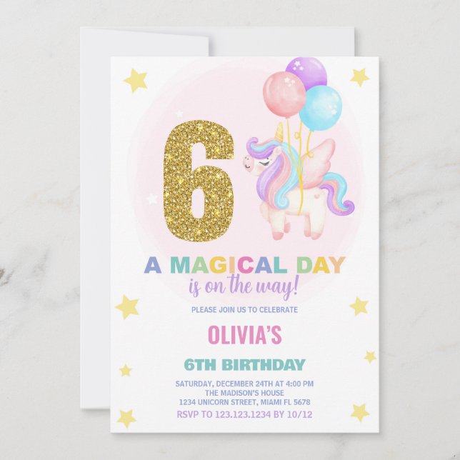 6e anniversaire Unicorn Anniversaire Invitations (Devant)