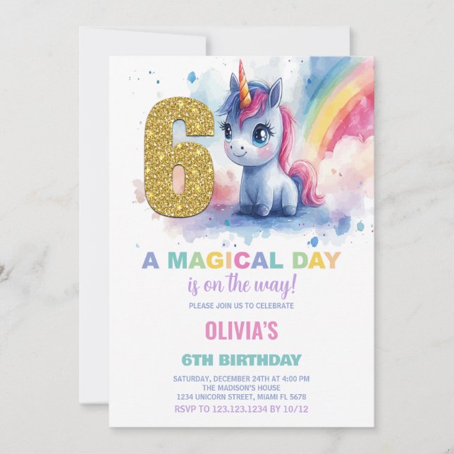 6e anniversaire Unicorn Anniversaire Invitations (Devant)