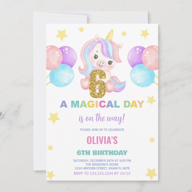 6e anniversaire Unicorn Anniversaire Invitations (Devant)
