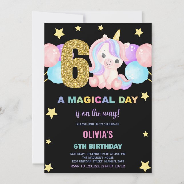 6e anniversaire Unicorn Anniversaire Invitations (Devant)