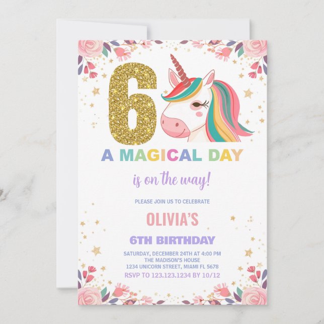6e anniversaire Unicorn Anniversaire Invitations (Devant)