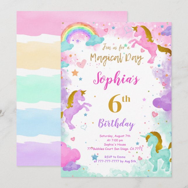 6e anniversaire Unicorn Invitation (Devant / Derrière)