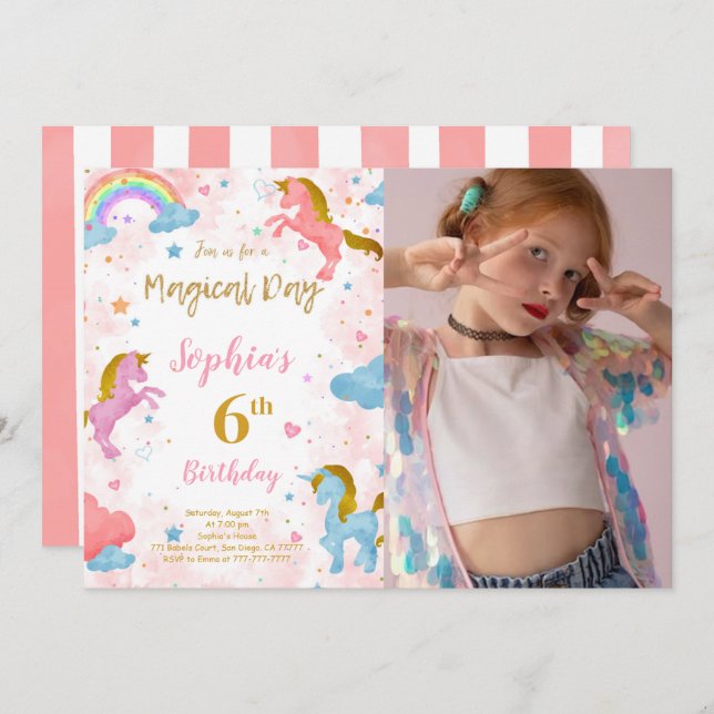 6e anniversaire Unicorn Photo Invitation (Devant / Derrière)