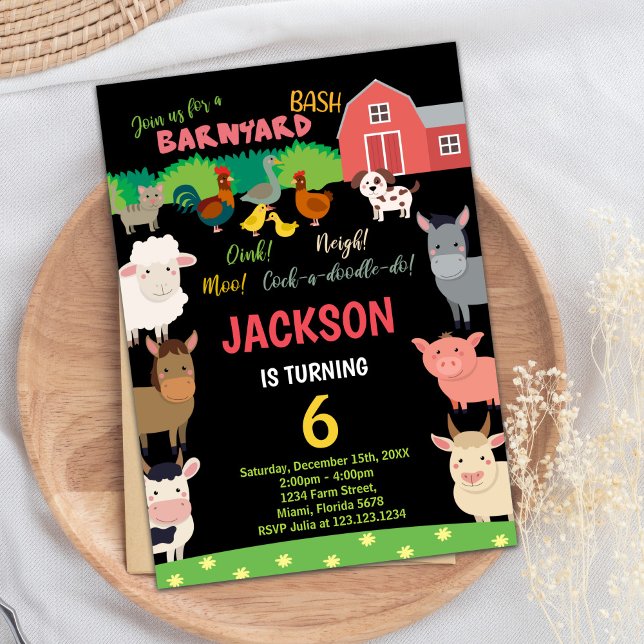 6e Invitations d'anniversaire des animaux de ferme (6th Black Farm Animals Birthday Invitations)