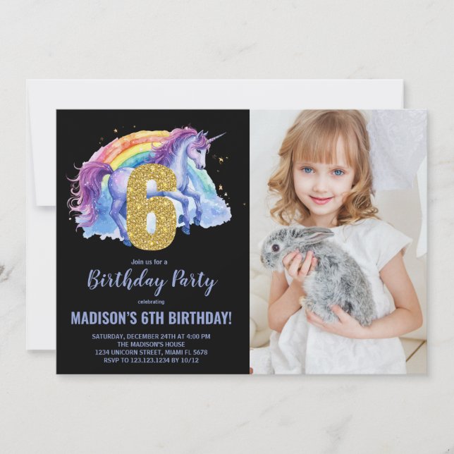 6e Rainbow Unicorn Birthday Invitations photo (Devant)