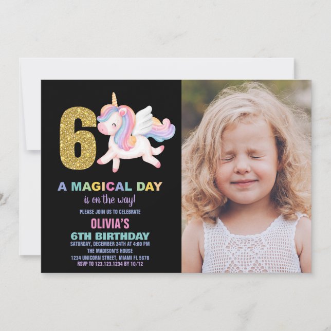 6e Rainbow Unicorn Birthday Invitations photo (Devant)