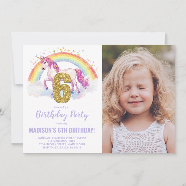 6e Rainbow Unicorn Birthday Invitations photo (Devant)