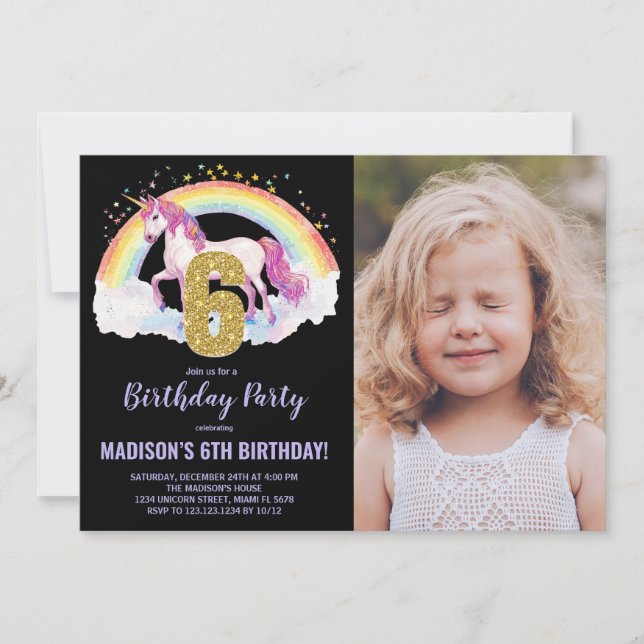 6e Rainbow Unicorn Birthday Invitations photo (Devant)