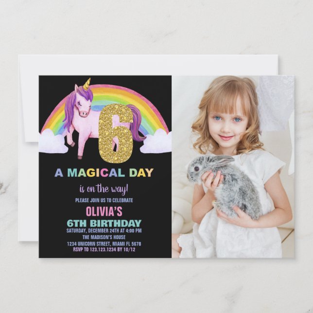 6e Rainbow Unicorn Birthday Invitations photo (Devant)