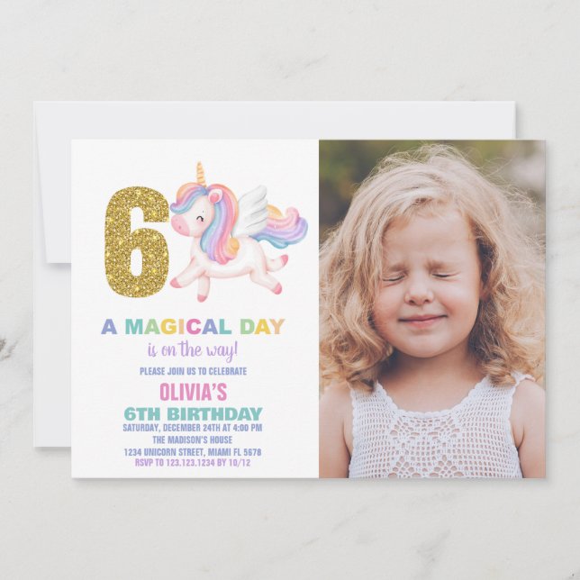 6e Rainbow Unicorn Invitations Anniversaire avec p (Devant)