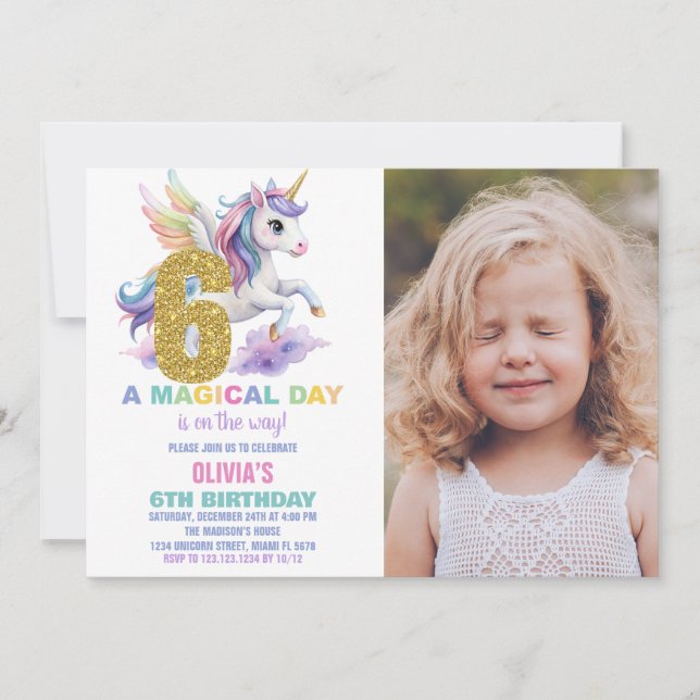 6e Rainbow Unicorn Invitations Anniversaire avec p (Devant)