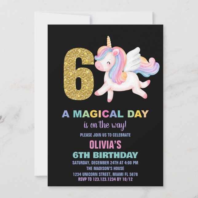 6e Rainbow Unicorn Invitations Anniversaire Noir (Devant)