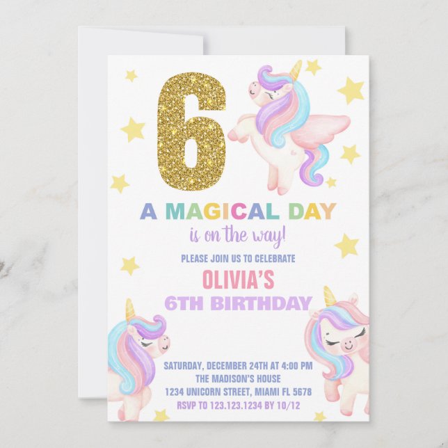 6e Rainbow Unicorn Invitations Anniversaire Vol (Devant)
