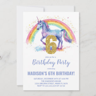 6e Rainbow Unicorn Invitations d'anniversaire