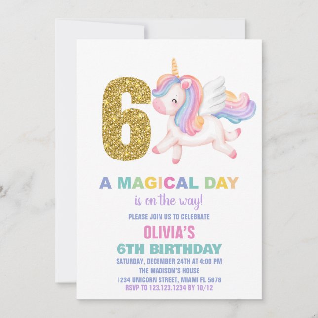 6e Rainbow Unicorn Invitations d'anniversaire (Devant)