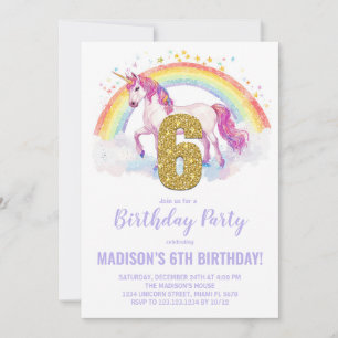 6e Rainbow Unicorn Invitations d'anniversaire