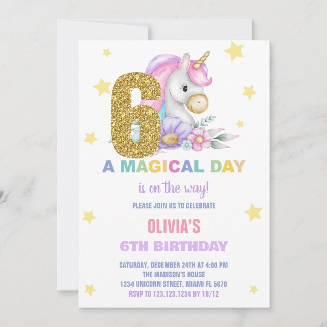 6e Unicorne florale Invitations d'anniversaire (Devant)