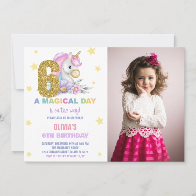 6e Unicorne florale Invitations d'anniversaire ave (Devant)