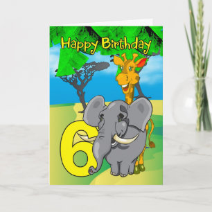 6ème Carte d'anniversaire - éléphant, girafe,