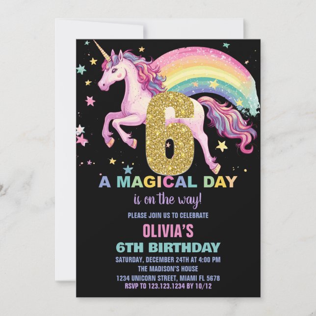 6ème Unicorn Invitations Anniversaire Noir (Devant)