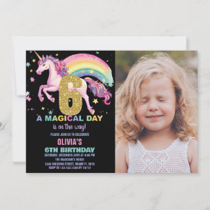 6ème Unicorn Invitations Anniversaire noir avec ph