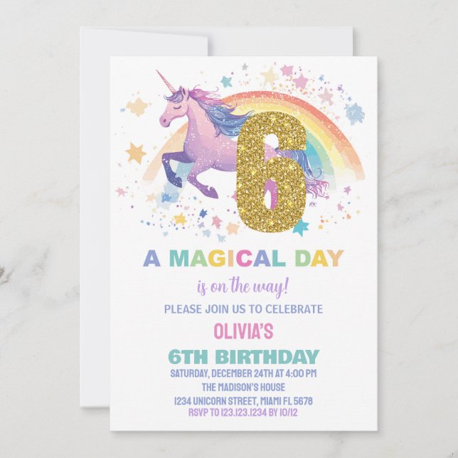 6ème Unicorn Invitations d'anniversaire (Devant)