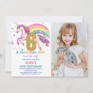 6ème Unicorn Invitations d'anniversaire avec photo