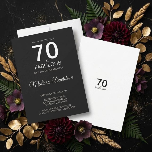 70 ans & Fabuleux Invitation Élégante Noire (70 & Fabulous Black Elegant Invitation)
