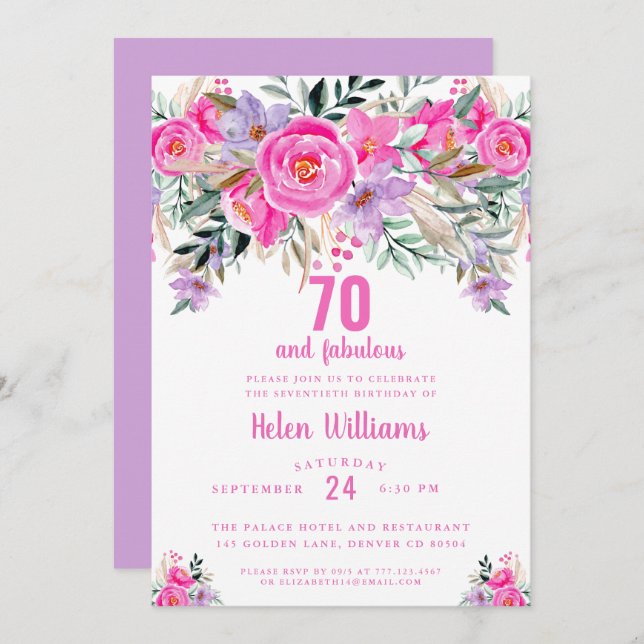 70 et fabuleuse invitation rose 70e anniversaire (Devant / Derrière)
