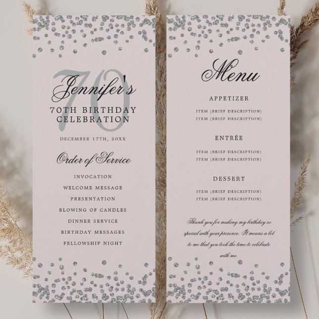 70 Programme Anniversaire Menu Merci U Silver Blus ( 70 Birthday Program Menu Thank U Silver Blush Pink)