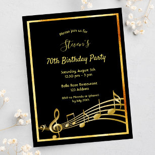 70e anniversaire Black gold music notes invitation