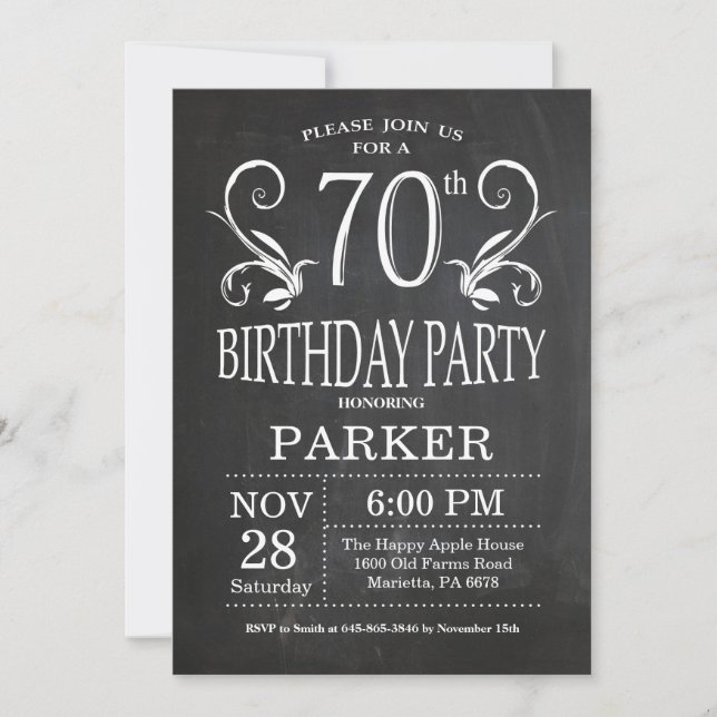 70e anniversaire Invitation Chalkboard Floral (Devant)