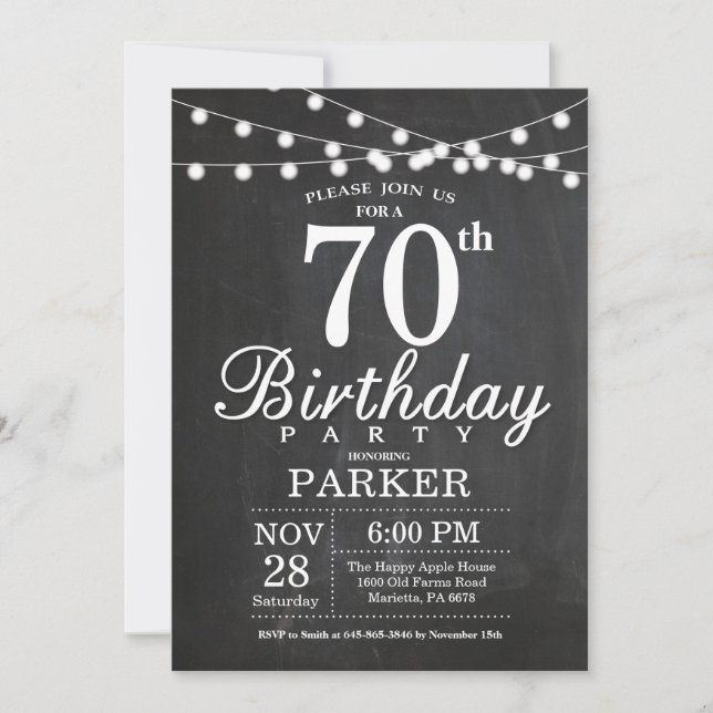 70e anniversaire Invitation Chalkboard lumières (Devant)