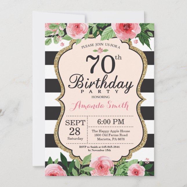 70e anniversaire Invitation Femmes. Noir d'or flor (Devant)