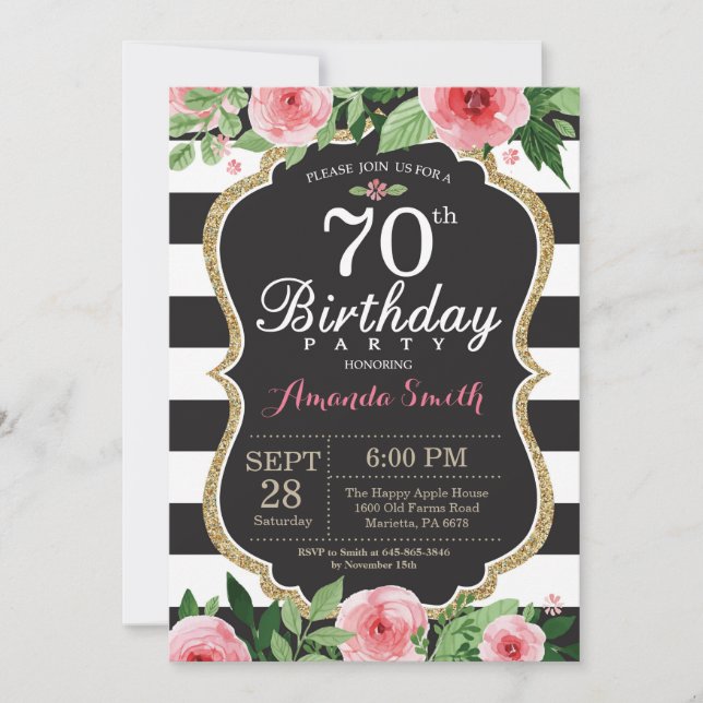 70e anniversaire Invitation Femmes. Or floral noir (Devant)