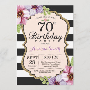 70e anniversaire Invitation Femmes. Or floral noir