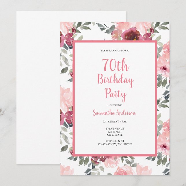 70e anniversaire Invitation florale rose (Devant / Derrière)