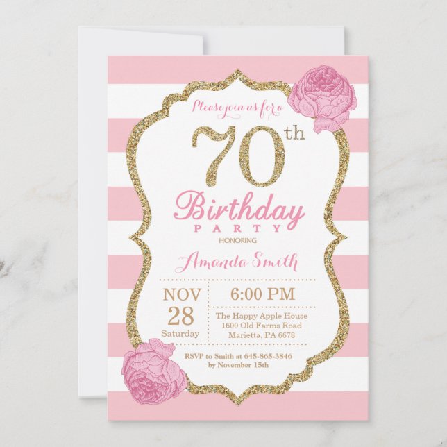 70e anniversaire Invitation Florale rose et or (Devant)