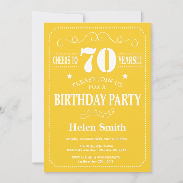 70e anniversaire Invitation Jaune et Blanc (Devant)