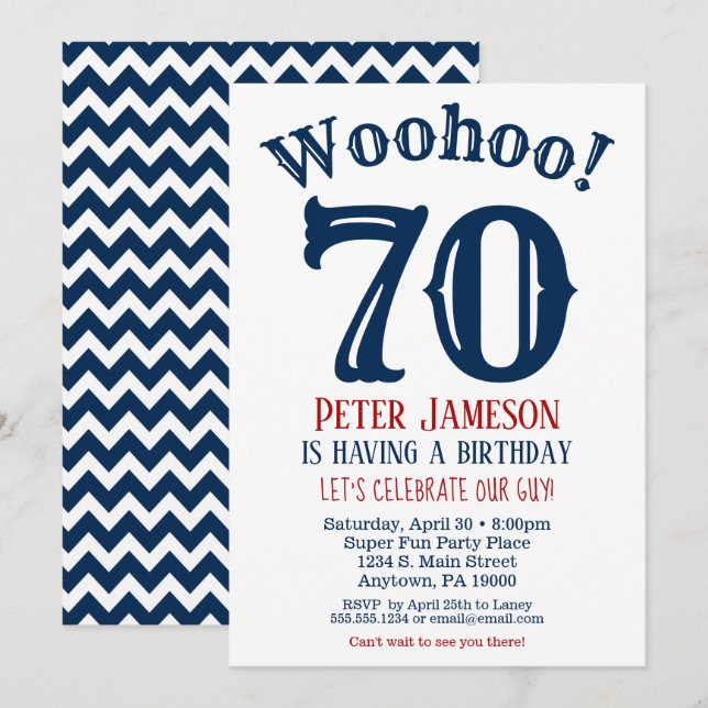 70e anniversaire Invitation Mens Marine Bleu (Devant / Derrière)