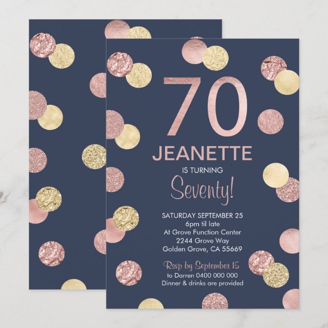 70e anniversaire Invitation Rose Gold et Marine (Devant / Derrière)