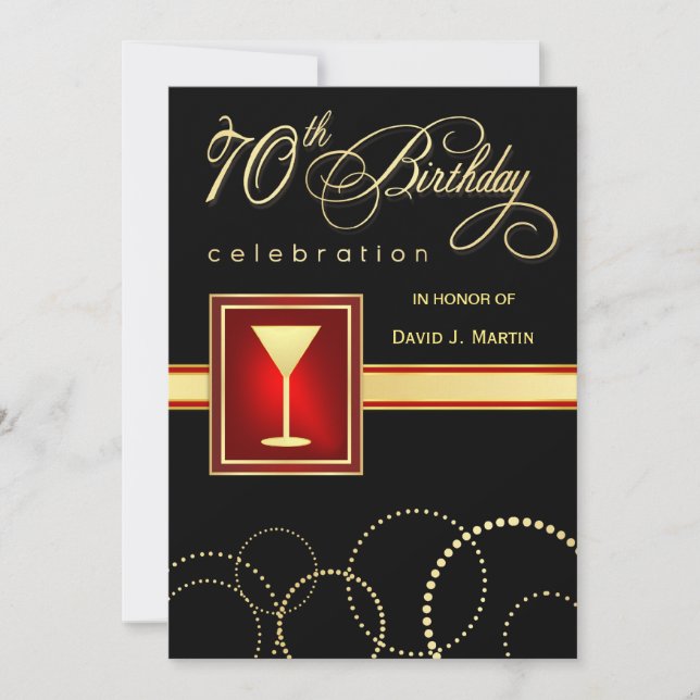 70e anniversaire Invitations - Élégant rouge noir (Devant)