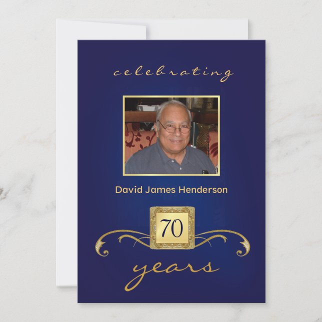 70e anniversaire Invitations - Monogramme bleu et  (Devant)