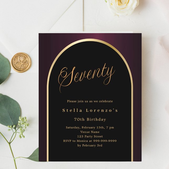 70e anniversaire noir bordeaux or invitation (Créateur téléchargé)