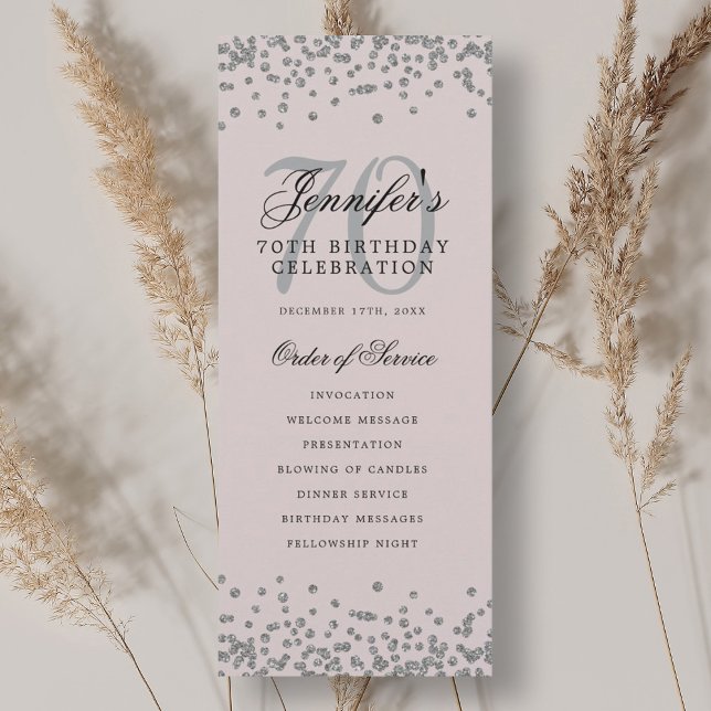 70e Anniversaire Programme Argent Confetti Blush P (70th Birthday Program Silver Confetti Blush Pink )