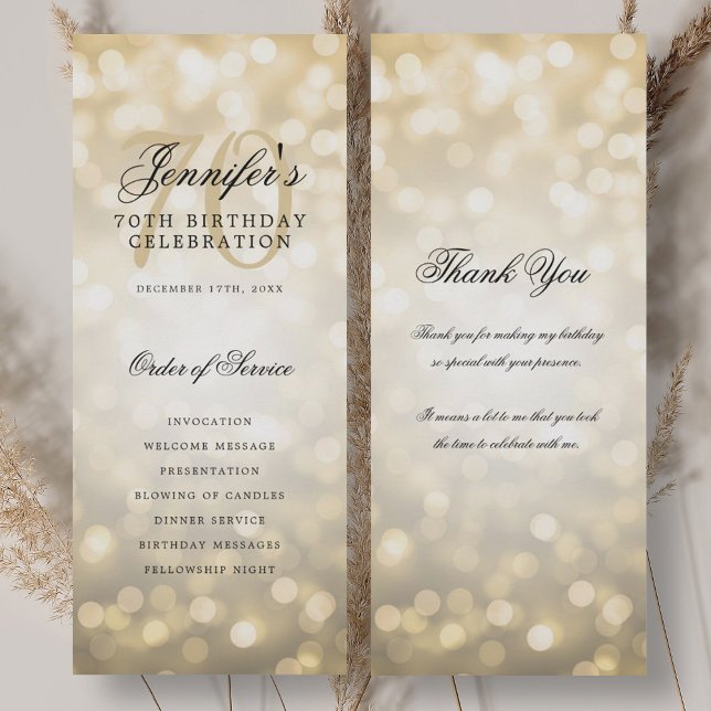 70e Anniversaire Programme Gold Bokeh avec Merci (70th Birthday Program Gold Bokeh w/ Thank You)