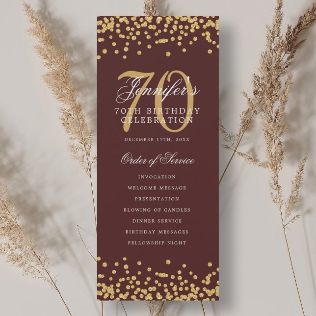 70e Anniversaire Programme Gold Bourgogne Confetti (70th Birthday Program Gold Burgundy Confetti)