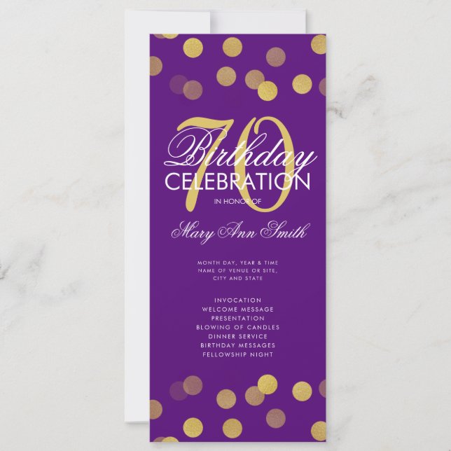 70e Anniversaire Programme Gold Confetti avec Menu (Devant)