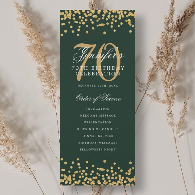 70e anniversaire Programme Gold Green Confetti (70th Birthday Program Gold Green Confetti)